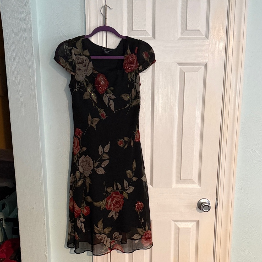 American Age Black Dress with Red Floral Design